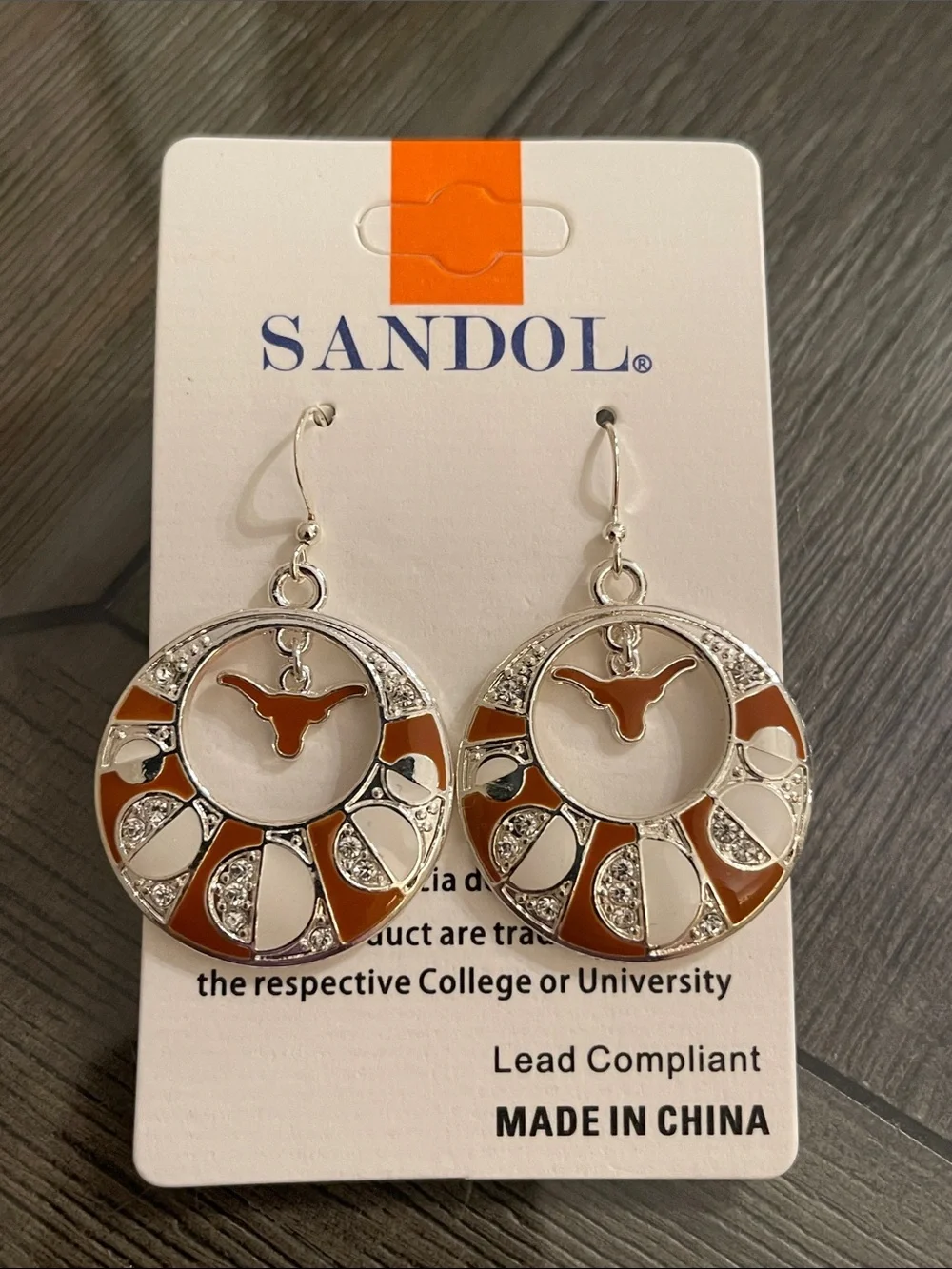 NWT SANDOL Texas Longhorns Rhinestone & Enameled Dangle Earrings